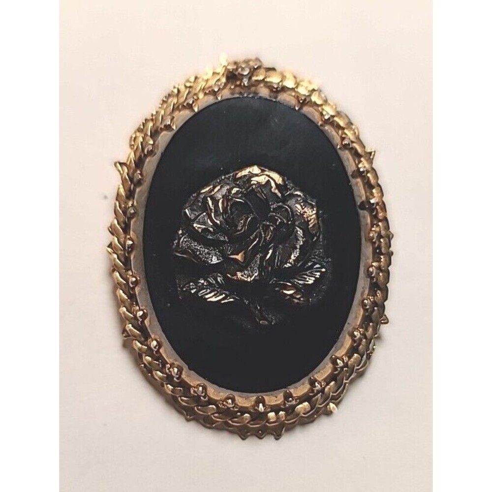 Vintage Gold tone Black Raised Rose Pendant  Or Brooch Goth Punk